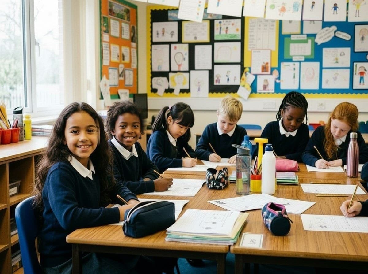 Pupils at their desks in a primary classroom, every face changed