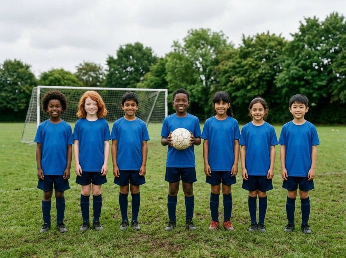 A junior football team lined up on a pitch, every face changed