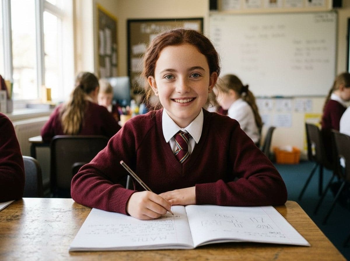A pupil at her desk with a new AI-generated face — same age, pose, uniform and complexion
